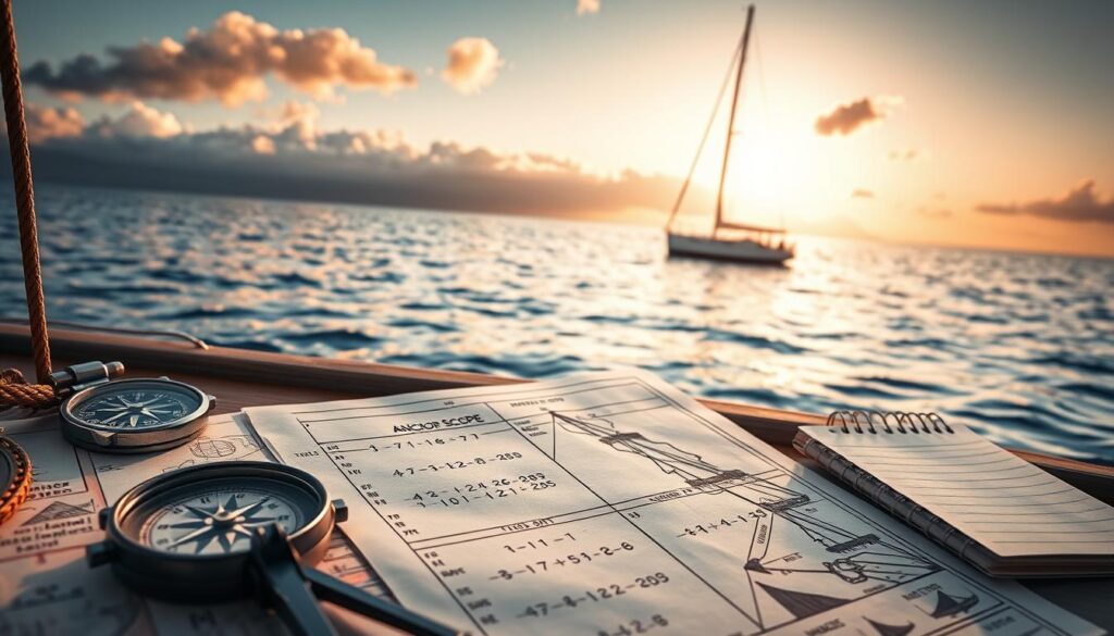 A detailed nautical scene depicting the calculation for anchor scope related to anchor alarms. In the foreground, a navigational chart with tidal data and scope calculations laid out alongside a compass, a protractor, and a notepad with hand-written notes. The middle ground features a sturdy sailboat anchored in calm waters, with visible anchor chains and depth markers, while a gentle breeze creates rippling waves. In the background, a horizon line with soft, painted clouds hints at changing weather patterns. The lighting is warm and inviting, resembling late afternoon sunlight, casting soft shadows. The overall atmosphere conveys a sense of calm preparation for navigating challenges at sea, focusing on the importance of understanding scope in relation to tide and forecast gusts. A detailed nautical scene depicting the calculation for anchor scope related to anchor alarms. In the foreground, a navigational chart with tidal data and scope calculations laid out alongside a compass, a protractor, and a notepad with hand-written notes. The middle ground features a sturdy sailboat anchored in calm waters, with visible anchor chains and depth markers, while a gentle breeze creates rippling waves. In the background, a horizon line with soft, painted clouds hints at changing weather patterns. The lighting is warm and inviting, resembling late afternoon sunlight, casting soft shadows. The overall atmosphere conveys a sense of calm preparation for navigating challenges at sea, focusing on the importance of understanding scope in relation to tide and forecast gusts.