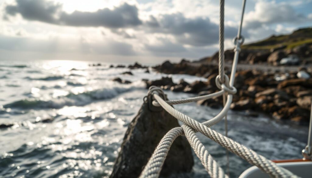 A detailed scene of a tidal anchoring setup featuring snubber rigging, positioned in the foreground. The snubber rigging, made of high-strength rope and stainless steel components, is shown securing a boat to a rugged anchoring point. In the middle ground, the dynamic motion of tidal currents can be seen, with subtle waves lapping against the shore, while a rocky beach provides a natural backdrop. The background features a picturesque coastal landscape under a partially cloudy sky, with soft sunlight filtering through, creating a serene yet active atmosphere. The image should be captured with a slight upward angle to emphasize the tension in the rigging and the natural beauty of the environment. The mood is calm yet alert, illustrating the importance of safety in tidal anchoring. A detailed scene of a tidal anchoring setup featuring snubber rigging, positioned in the foreground. The snubber rigging, made of high-strength rope and stainless steel components, is shown securing a boat to a rugged anchoring point. In the middle ground, the dynamic motion of tidal currents can be seen, with subtle waves lapping against the shore, while a rocky beach provides a natural backdrop. The background features a picturesque coastal landscape under a partially cloudy sky, with soft sunlight filtering through, creating a serene yet active atmosphere. The image should be captured with a slight upward angle to emphasize the tension in the rigging and the natural beauty of the environment. The mood is calm yet alert, illustrating the importance of safety in tidal anchoring.