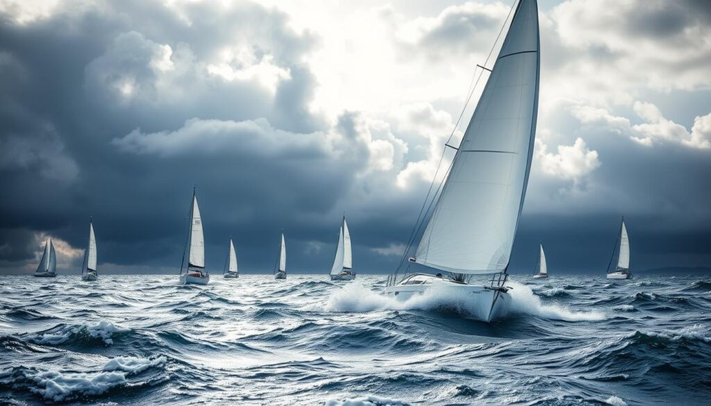 A dramatic winter scene depicting sailboats gracefully navigating turbulent waters under the influence of a winter front. In the foreground, a sleek sailboat with white sails billowing catches the wind, creating dynamic movement on the rough waves. The middle ground showcases multiple sailboats, each battling the changing weather, their vibrant colors contrasting against the gray, overcast sky. The background features ominous dark clouds, hinting at unpredictable weather patterns typical of winter fronts. The scene is illuminated with soft, diffused sunlight filtering through the clouds, adding depth and an air of intensity. The angle captures the sailboats from a low perspective, emphasizing their struggle against the elements, while a chill atmosphere evokes the excitement and risks associated with cruising in winter weather.