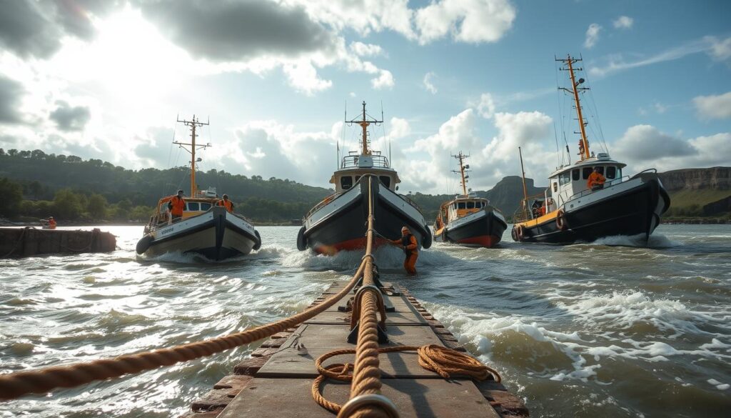 A dynamic scene of mooring techniques in a strong current at an estuary, showcasing robust boats secured to a sturdy dock. In the foreground, depict a professional crew in practical, modest clothing diligently working to secure ropes against the forceful flow of the water. The middle ground features the turbulent surface of the river, highlighted with reflections of sunlight breaking through the clouds. In the background, illustrate lush greenery and distant cliffs, emphasizing the natural setting of the estuary. Bright, vibrant colors convey energy and movement, with a focus on the effects of the strong spring tides. Use a wide-angle lens perspective to capture the expansive landscape and intense atmosphere of this dynamic environment, with soft ambient lighting creating depth and contrast. A dynamic scene of mooring techniques in a strong current at an estuary, showcasing robust boats secured to a sturdy dock. In the foreground, depict a professional crew in practical, modest clothing diligently working to secure ropes against the forceful flow of the water. The middle ground features the turbulent surface of the river, highlighted with reflections of sunlight breaking through the clouds. In the background, illustrate lush greenery and distant cliffs, emphasizing the natural setting of the estuary. Bright, vibrant colors convey energy and movement, with a focus on the effects of the strong spring tides. Use a wide-angle lens perspective to capture the expansive landscape and intense atmosphere of this dynamic environment, with soft ambient lighting creating depth and contrast.
