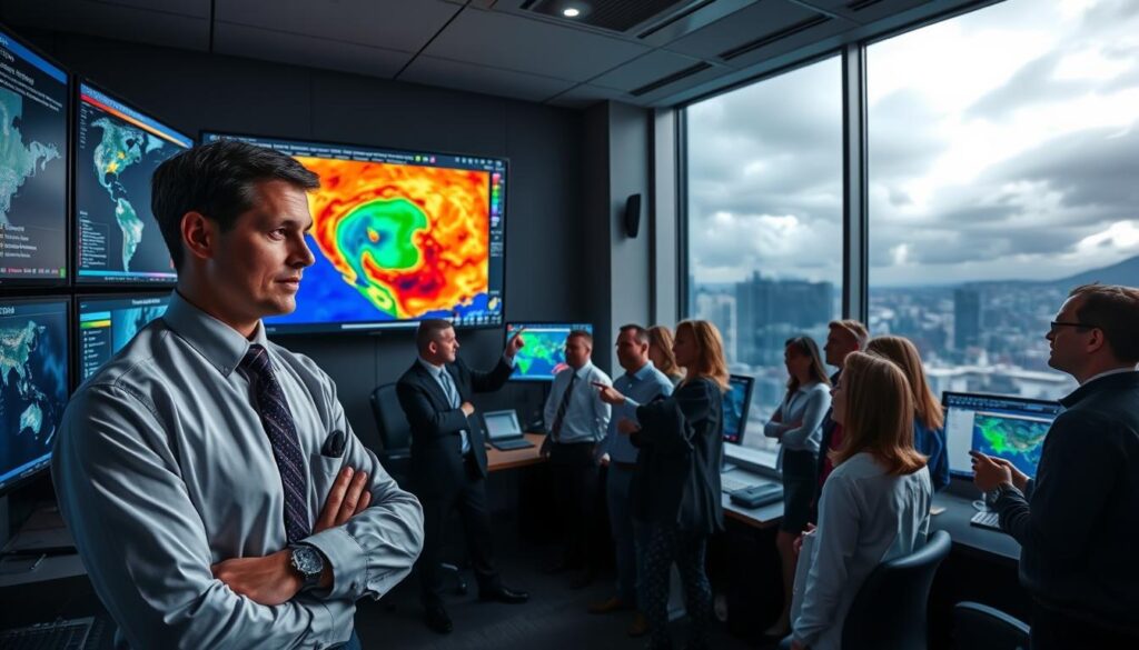 A high-tech weather analysis room filled with large digital screens displaying complex weather models and forecasts. In the foreground, a confident meteorologist in professional business attire examines a vibrant, color-coded convergence map, showing areas of model agreement. The middle layer features a diverse team of researchers engaged in discussion, pointing at the screens, embodying teamwork and focus. The background includes large windows with a view of a stormy sky outside, reflecting the uncertainty of weather predictions. Soft, ambient lighting creates a calm yet intense atmosphere, emphasizing urgency. The camera angle is slightly elevated to capture the depth of the room and the collaboration among the team, creating a mood of diligence and expertise.