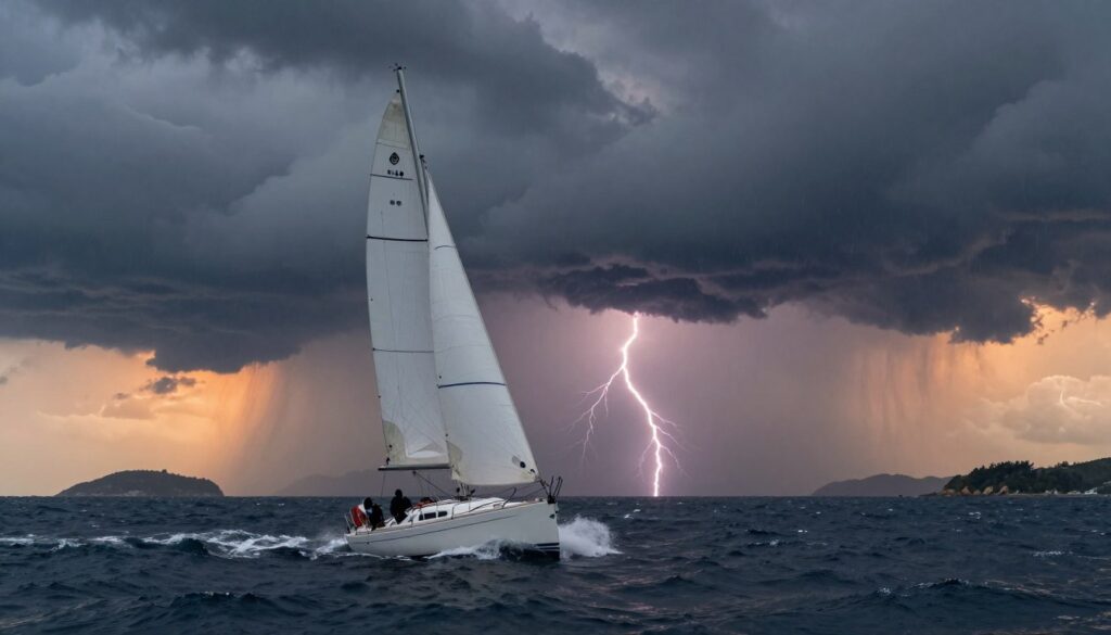 A sailboat bravely navigating through rough seas, focusing on a storm detour route. In the foreground, capture the dynamic motion of the sailboat heeling over, with its sail tightly harnessing the wind, water splashing around the hull. In the middle ground, dark storm clouds gather ominously, illuminated by flashes of lightning, casting dramatic shadows. The sky is a swirling mix of deep grays and hints of vibrant orange where the sunset tries to break through. In the background, glimpses of distant land and safe haven islands can be seen, partially obscured by rain and mist. The overall mood is tense yet resolute, embodying the determination and caution necessary for boaters navigating through a thunderstorm. Use a wide-angle lens to emphasize the dramatic scale of the stormy seascape while maintaining sharp focus on the sailboat. A sailboat bravely navigating through rough seas, focusing on a storm detour route. In the foreground, capture the dynamic motion of the sailboat heeling over, with its sail tightly harnessing the wind, water splashing around the hull. In the middle ground, dark storm clouds gather ominously, illuminated by flashes of lightning, casting dramatic shadows. The sky is a swirling mix of deep grays and hints of vibrant orange where the sunset tries to break through. In the background, glimpses of distant land and safe haven islands can be seen, partially obscured by rain and mist. The overall mood is tense yet resolute, embodying the determination and caution necessary for boaters navigating through a thunderstorm. Use a wide-angle lens to emphasize the dramatic scale of the stormy seascape while maintaining sharp focus on the sailboat.