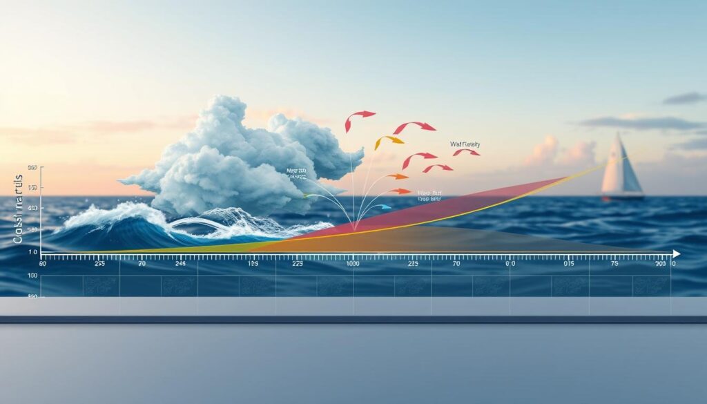 A sailing risk matrix timeline depicted as an intricate, informative illustration. In the foreground, a detailed chart is shown, with axes representing time (D-5 to D-0) and risk levels, featuring vivid colors to indicate various risk zones. In the middle ground, an abstract representation of weather patterns, like storm clouds and wind arrows, visually interacts with the chart, creating a sense of urgency. The background features a subtle nautical theme, incorporating ocean waves and distant sailboats against a soft gradient sky, reflecting a transition from calm to stormy weather. Use soft, ambient lighting to create a professional yet dynamic atmosphere, capturing the tension of decision-making for sailors. The overall composition should feel balanced and clear, facilitating an easy understanding of the timeline concept without any distractions.