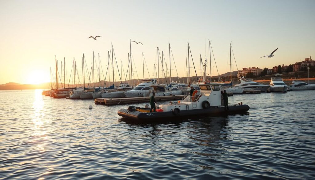 A serene harbor scene showcasing calm wind conditions ideal for fueling. In the foreground, a sleek fuel barge is anchored gently, with crew members in professional attire preparing hoses and safety equipment. The middle ground features a well-maintained dock crowded with small boats and yachts, their sails neatly furled, reflecting the tranquil atmosphere. In the background, the sun begins to set, casting a golden hue over the water and illuminating the distant coastal buildings. Soft ripples in the water enhance the peaceful mood, while a few seagulls glide overhead in the clear sky. The image captures a sense of readiness and professionalism, emphasizing the optimal conditions for fuel and service in a harbored environment. A serene harbor scene showcasing calm wind conditions ideal for fueling. In the foreground, a sleek fuel barge is anchored gently, with crew members in professional attire preparing hoses and safety equipment. The middle ground features a well-maintained dock crowded with small boats and yachts, their sails neatly furled, reflecting the tranquil atmosphere. In the background, the sun begins to set, casting a golden hue over the water and illuminating the distant coastal buildings. Soft ripples in the water enhance the peaceful mood, while a few seagulls glide overhead in the clear sky. The image captures a sense of readiness and professionalism, emphasizing the optimal conditions for fuel and service in a harbored environment.