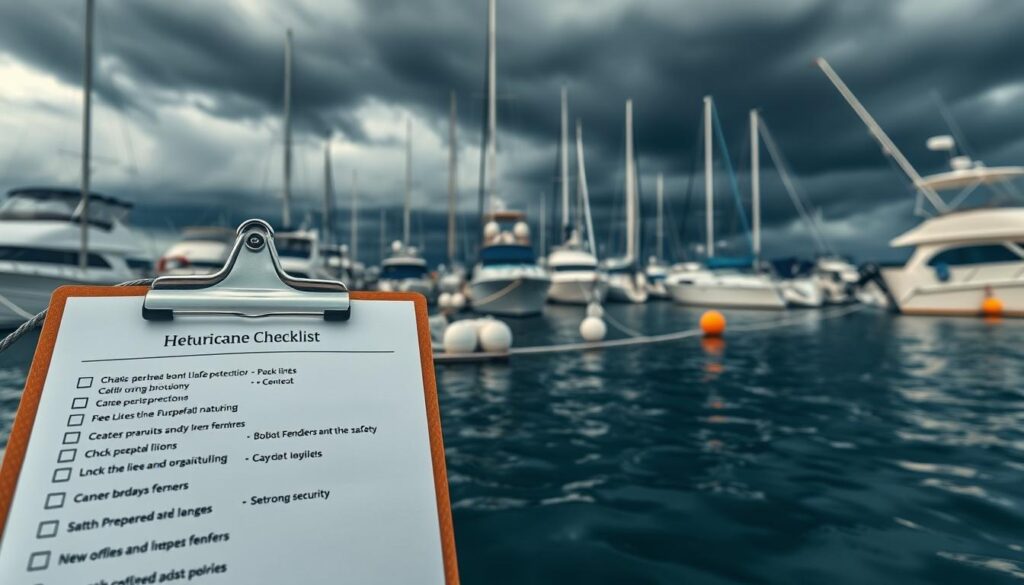 A serene marina scene during a hurricane watch, featuring rows of boats securely tied to dock lines. In the foreground, a detailed checklist on a clipboard, outlining critical tasks related to lines, chafe protection, and dock preparations. The checklist is clearly visible, emphasizing key points for safety. In the middle ground, boats with robust fenders and well-organized lines highlight strong security measures. The background depicts ominous storm clouds gathering, creating a dramatic and tense atmosphere, with subtle wind effect on water ripples. Use soft lighting that contrasts the dark clouds, enhancing the sense of urgency. Shot with a wide-angle lens for depth, conveying a professional and preparedness-focused setting.