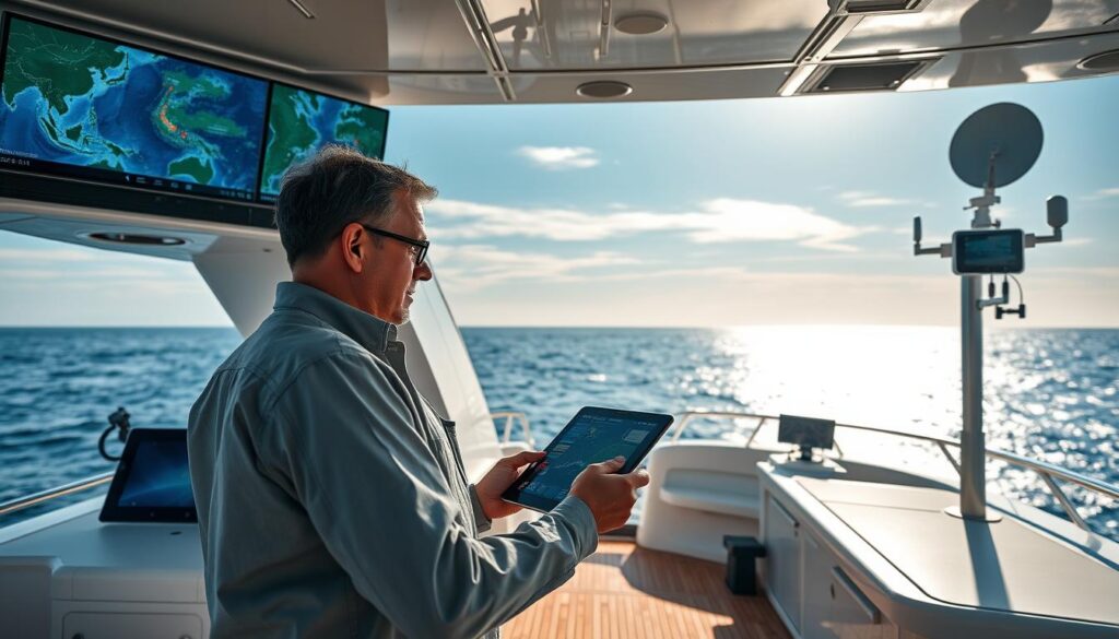 A sleek, modern offshore yacht equipped with advanced satellite routing apps on multiple digital screens. In the foreground, a professional man in modest casual clothing is intently reviewing GRIB files on a tablet, showcasing high-resolution weather data. In the middle ground, high-tech equipment includes satellite dishes and communication devices mounted on the yacht's upper deck. The background features a panoramic view of the open ocean under a clear sky, reflecting a sense of adventure and technology in harmony. Soft, natural lighting brightens the scene, casting gentle shadows, while an angle from slightly below eye level emphasizes the expansive sky and ocean horizon, creating a mood of optimism and exploration in offshore navigation and weather routing.