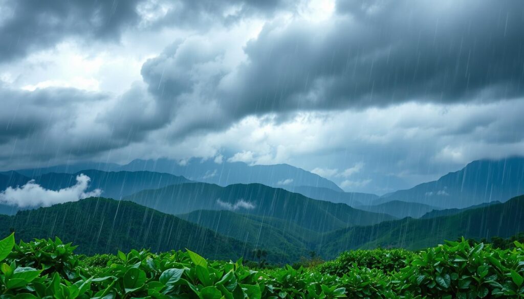 A vivid illustration of monsoon flow climate patterns, showcasing the dynamic interplay between atmospheric elements. In the foreground, lush green landscapes are drenched with rain, displaying water droplets glistening under soft, diffused lighting. In the middle ground, rolling hills rise, with dark, dramatic clouds looming overhead, capturing the essence of a monsoon season. Wisps of mist flow between the hills, lending a sense of movement. The background features distant mountains, partially obscured by heavy rain, creating depth and a sense of scale. Use a wide-angle lens to emphasize the expansive sky while highlighting the atmospheric textures. The overall mood conveys a powerful, awe-inspiring natural phenomenon, reflecting the intensity and richness of seasonal weather patterns. No human figures should be present.