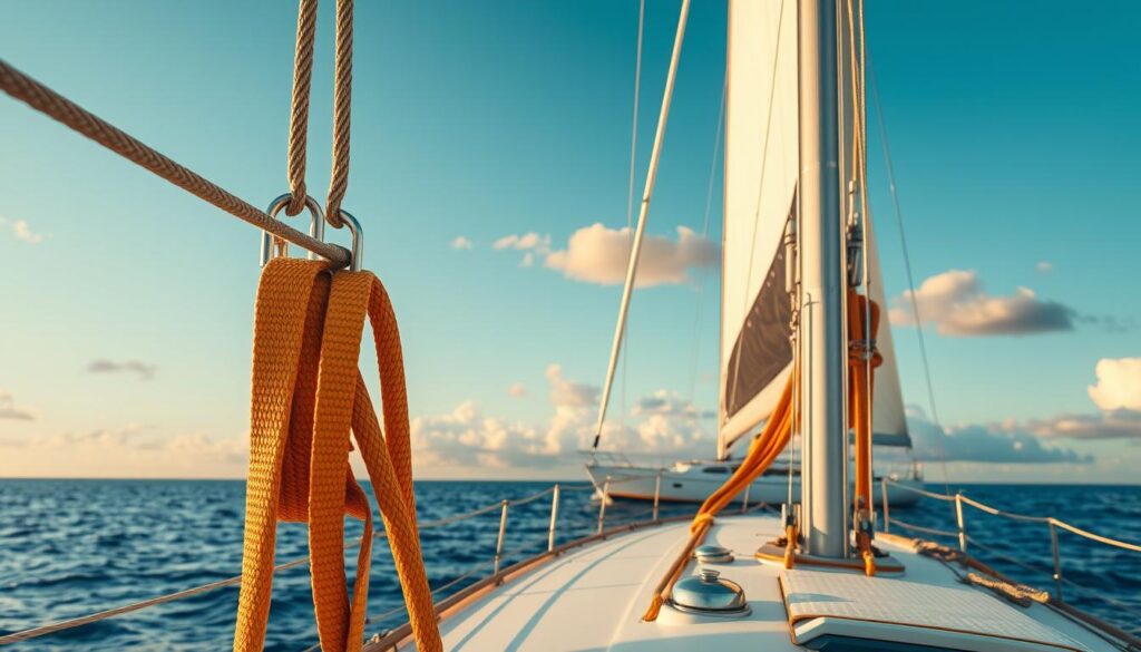 A detailed view of jacklines secured on a sailboat deck, emphasizing their function as an essential safety feature for stabilization during sailing. In the foreground, highlight robust, highly-visible jacklines made from durable, weather-resistant materials, tightly fastened to dedicated mounting points on the boat. In the middle ground, show a well-maintained sailboat sailing smoothly on a calm sea, with sails billowing gently in a moderate breeze. The background features a clear blue sky scattered with a few fluffy clouds, creating an inviting and peaceful atmosphere. Use soft, natural lighting to enhance the scene, simulating the golden hour just before sunset, casting warm tones over the boat. The camera angle should be slightly elevated, providing a comprehensive view of both the sailboat and the surrounding water. A detailed view of jacklines secured on a sailboat deck, emphasizing their function as an essential safety feature for stabilization during sailing. In the foreground, highlight robust, highly-visible jacklines made from durable, weather-resistant materials, tightly fastened to dedicated mounting points on the boat. In the middle ground, show a well-maintained sailboat sailing smoothly on a calm sea, with sails billowing gently in a moderate breeze. The background features a clear blue sky scattered with a few fluffy clouds, creating an inviting and peaceful atmosphere. Use soft, natural lighting to enhance the scene, simulating the golden hour just before sunset, casting warm tones over the boat. The camera angle should be slightly elevated, providing a comprehensive view of both the sailboat and the surrounding water.