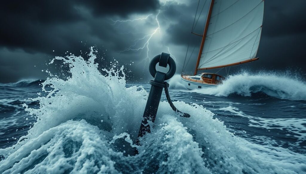 A dynamic scene of a sea anchor being deployed from a sailboat during a stormy ocean. In the foreground, show the sea anchor splashing into turbulent waves, with strong currents swirling around it. The middle ground should feature the sailboat pitching against the wind, its sails taut, capturing the essence of struggle against nature. In the background, dark storm clouds loom ominously, bolts of lightning illuminating the scene, creating a dramatic contrast. Use a wide-angle lens perspective to emphasize the chaos of the sea, with moody, diffused lighting highlighting the tension. The atmosphere should evoke a sense of urgency and resilience, portraying the critical moment of deploying the anchor for safety amidst spray and wind. A dynamic scene of a sea anchor being deployed from a sailboat during a stormy ocean. In the foreground, show the sea anchor splashing into turbulent waves, with strong currents swirling around it. The middle ground should feature the sailboat pitching against the wind, its sails taut, capturing the essence of struggle against nature. In the background, dark storm clouds loom ominously, bolts of lightning illuminating the scene, creating a dramatic contrast. Use a wide-angle lens perspective to emphasize the chaos of the sea, with moody, diffused lighting highlighting the tension. The atmosphere should evoke a sense of urgency and resilience, portraying the critical moment of deploying the anchor for safety amidst spray and wind.