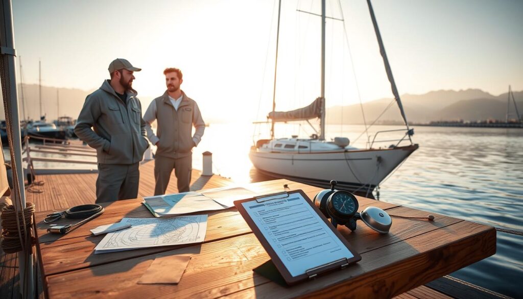 A serene dock at sunrise, with a group of three professional mariners in modest casual attire conducting a pre-departure checklist. In the foreground, a sturdy wooden table displays essential nautical tools like maps, compasses, and a checklist clipboard detailing safety items and weather conditions. In the middle ground, a well-maintained sailboat gently rocks at the dock, with its sails neatly furled, reflecting calm waters. In the background, a picturesque harbor with distant mountains shrouded in morning mist sets a tranquil ambiance. Soft, golden sunlight filters through, creating a warm, inviting atmosphere, while the scene conveys an air of professionalism and preparedness, showcasing the importance of thorough seamanship before setting sail. A serene dock at sunrise, with a group of three professional mariners in modest casual attire conducting a pre-departure checklist. In the foreground, a sturdy wooden table displays essential nautical tools like maps, compasses, and a checklist clipboard detailing safety items and weather conditions. In the middle ground, a well-maintained sailboat gently rocks at the dock, with its sails neatly furled, reflecting calm waters. In the background, a picturesque harbor with distant mountains shrouded in morning mist sets a tranquil ambiance. Soft, golden sunlight filters through, creating a warm, inviting atmosphere, while the scene conveys an air of professionalism and preparedness, showcasing the importance of thorough seamanship before setting sail.