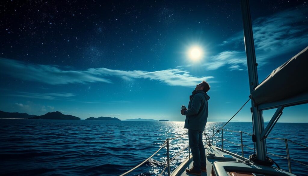 A serene night scene depicting a vibrant, starry sky over a tranquil bay, where a seasoned mariner stands on the deck of a small sailboat. The foreground features the mariner, wearing a professional sailing jacket and holding a handheld compass, gazing upwards as if considering the constellations for navigation. In the middle ground, the gentle waves reflect the moonlight, creating a shimmering effect on the water's surface. In the background, silhouetted islands and distant shores emerge under the soft glow of the moon. The atmosphere is calm yet focused, conveying a sense of preparedness and respect for the marine environment at night. Use soft, diffused lighting and capture this scene with a wide-angle lens to emphasize the vastness of the night sky. A serene night scene depicting a vibrant, starry sky over a tranquil bay, where a seasoned mariner stands on the deck of a small sailboat. The foreground features the mariner, wearing a professional sailing jacket and holding a handheld compass, gazing upwards as if considering the constellations for navigation. In the middle ground, the gentle waves reflect the moonlight, creating a shimmering effect on the water's surface. In the background, silhouetted islands and distant shores emerge under the soft glow of the moon. The atmosphere is calm yet focused, conveying a sense of preparedness and respect for the marine environment at night. Use soft, diffused lighting and capture this scene with a wide-angle lens to emphasize the vastness of the night sky.