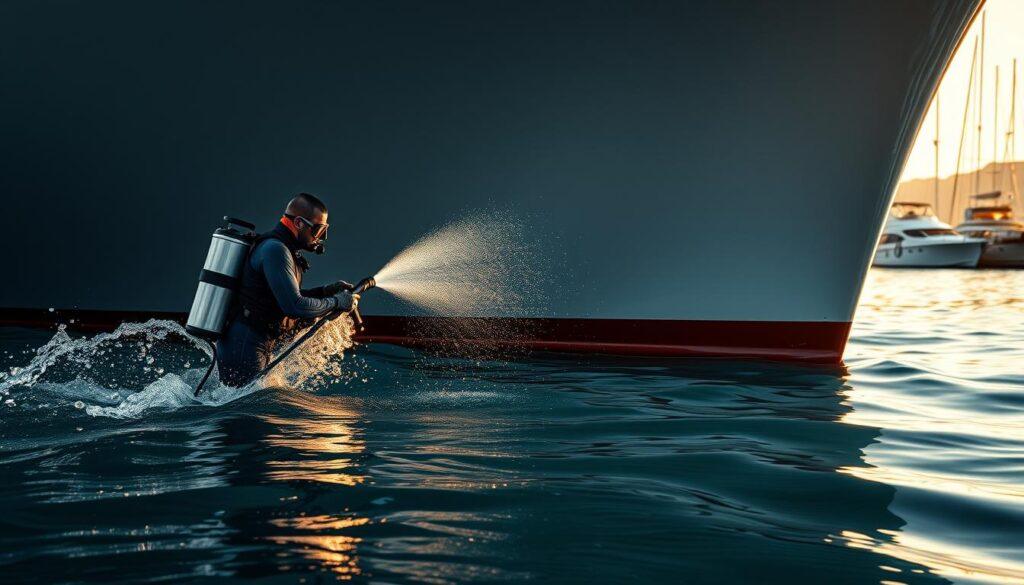 A professional diver in a sleek wetsuit is cleaning the hull of a large yacht, showcasing various hull cleaning techniques. The foreground focuses on the diver using a high-pressure water jet, creating splashes that reflect sunlight. In the middle ground, the yacht's hull is visible, partially submerged, with clear water highlighting its smooth lines and barnacle-free surface. In the background, a marina with other boats is bathed in warm, afternoon light. The atmosphere conveys a sense of professionalism and efficiency, with gentle ripples on the water's surface reflecting a golden hue. The image is captured from a low angle, emphasizing the scale of the yacht and the diver's meticulous work, with a soft focus on the distant boats adding depth. A professional diver in a sleek wetsuit is cleaning the hull of a large yacht, showcasing various hull cleaning techniques. The foreground focuses on the diver using a high-pressure water jet, creating splashes that reflect sunlight. In the middle ground, the yacht's hull is visible, partially submerged, with clear water highlighting its smooth lines and barnacle-free surface. In the background, a marina with other boats is bathed in warm, afternoon light. The atmosphere conveys a sense of professionalism and efficiency, with gentle ripples on the water's surface reflecting a golden hue. The image is captured from a low angle, emphasizing the scale of the yacht and the diver's meticulous work, with a soft focus on the distant boats adding depth.