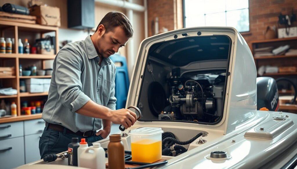 A well-lit, detailed scene of a person in professional casual clothing working on a boat's marine engine in a workshop setting. In the foreground, the individual is focused on changing the oil filter, surrounded by essential tools like an oil wrench, funnel, and various oil containers. The middle ground shows the open engine compartment of a boat, highlighting the intricate components and the oil reservoir. The background features shelves filled with maintenance supplies and a large window allowing natural light to spill in, creating a warm, inviting atmosphere. The shot is captured from a slightly elevated angle to provide a comprehensive view of the task at hand, emphasizing both the precision and care required for marine engine maintenance. A well-lit, detailed scene of a person in professional casual clothing working on a boat's marine engine in a workshop setting. In the foreground, the individual is focused on changing the oil filter, surrounded by essential tools like an oil wrench, funnel, and various oil containers. The middle ground shows the open engine compartment of a boat, highlighting the intricate components and the oil reservoir. The background features shelves filled with maintenance supplies and a large window allowing natural light to spill in, creating a warm, inviting atmosphere. The shot is captured from a slightly elevated angle to provide a comprehensive view of the task at hand, emphasizing both the precision and care required for marine engine maintenance.