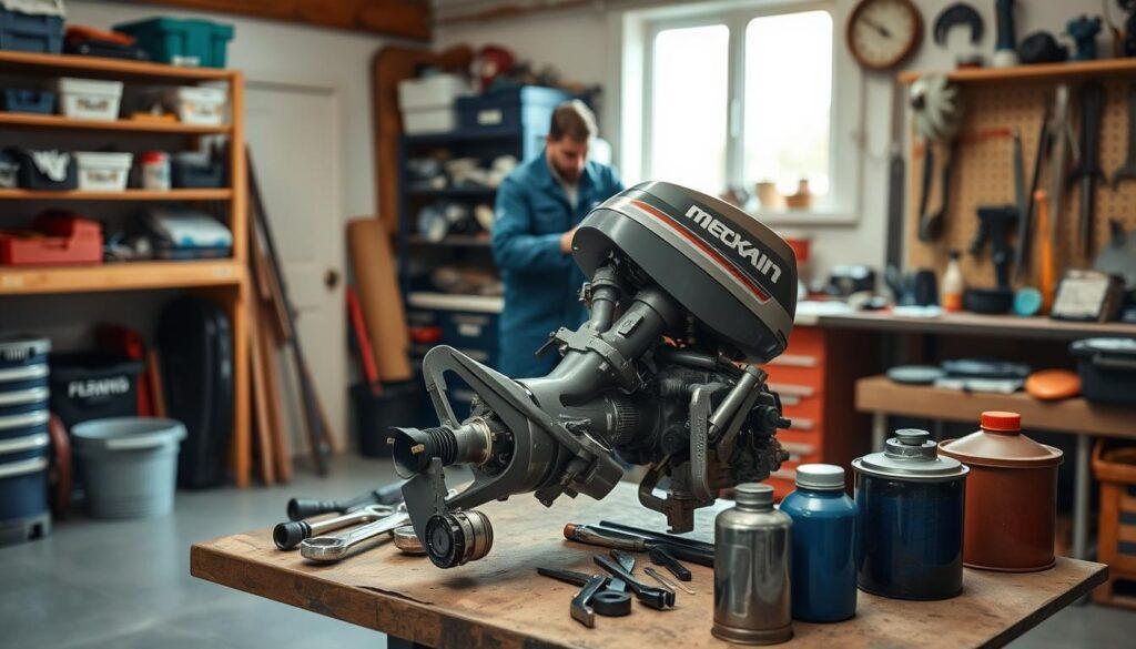 A well-organized boat engine storage preparation scene indoors, showcasing a clean workshop space filled with tools and equipment. In the foreground, prominently display a small boat engine on a sturdy workbench, partly disassembled, with various maintenance tools like wrenches and oil cans neatly arranged around it. In the middle ground, include a mechanic in a blue jumpsuit, focused on inspecting the engine, reflecting professionalism and diligence. The background features shelves with organized spare parts and a window allowing soft, natural light to illuminate the workspace, creating a warm and inviting atmosphere. Capture the scene from a slightly elevated angle to provide depth, emphasizing the meticulous preparation for engine storage while maintaining a clean and organized look. A well-organized boat engine storage preparation scene indoors, showcasing a clean workshop space filled with tools and equipment. In the foreground, prominently display a small boat engine on a sturdy workbench, partly disassembled, with various maintenance tools like wrenches and oil cans neatly arranged around it. In the middle ground, include a mechanic in a blue jumpsuit, focused on inspecting the engine, reflecting professionalism and diligence. The background features shelves with organized spare parts and a window allowing soft, natural light to illuminate the workspace, creating a warm and inviting atmosphere. Capture the scene from a slightly elevated angle to provide depth, emphasizing the meticulous preparation for engine storage while maintaining a clean and organized look.
