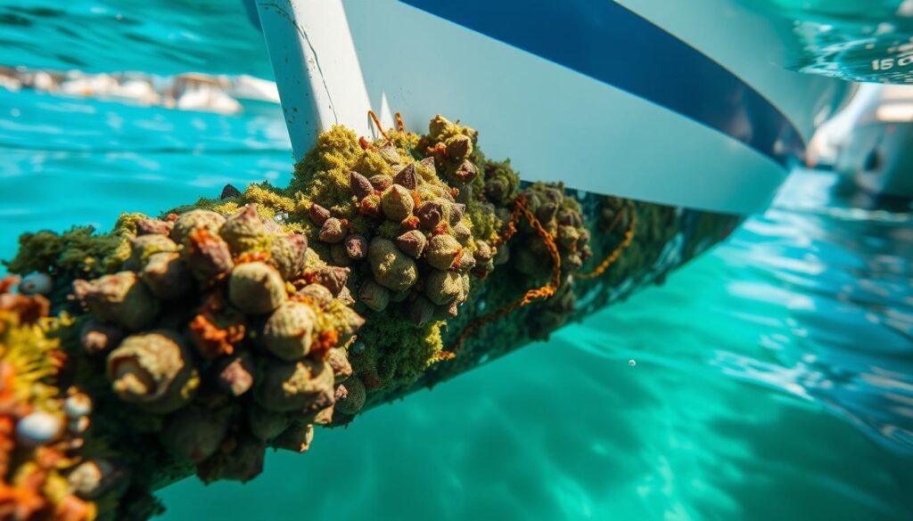 Close-up view of a boat hull submerged partially in clear blue water, showcasing dense marine growth with vibrant green and brown algae, barnacles, and small sea creatures clinging to the surface. The foreground highlights a prominent cluster of barnacles and algae, with intricate textures and colors that contrast against the white and blue of the hull. In the middle, the water gently ripples, catching sunlight and casting shimmering reflections. The background features a blurred view of the marina with other boats, suggesting a sunny day. Soft, natural lighting enhances the details of the marine growth while creating a serene atmosphere, emphasizing the importance of hull maintenance. The image should be captured at a slight angle, providing depth to the underwater scene, and no text or watermarks.