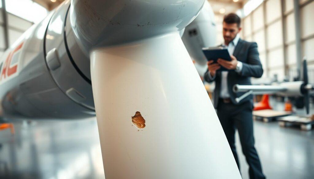 A close-up view of an airplane propeller displaying visible signs of damage, such as dents and nicks on the blades. In the foreground, a mechanic clad in professional business attire examines the propeller meticulously, holding a clipboard. The middle ground features various tools scattered on a workbench, emphasizing the maintenance environment. In the background, a soft-focus hangar interior subtly highlights professional aviation equipment, with diffused natural light filtering through high windows, creating a serene yet focused atmosphere. The lens used should simulate a shallow depth of field, keeping the mechanic and propeller clear while blurring out the background slightly. The mood conveys a sense of diligence and professionalism in aviation maintenance.