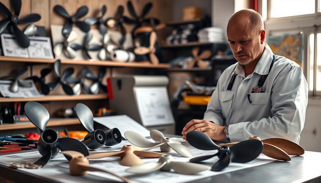 A detailed, close-up view of a mechanic in a bright workshop, examining a selection of various boat propellers laid out on a workbench. The mechanic, dressed in a clean, professional uniform, is intently focused on comparing the shapes and sizes of the propellers, surrounded by tools and technical drawings. In the background, shelves display more propeller options and maintenance manuals, softly blurred to emphasize depth. Natural light filters in through a nearby window, illuminating the workspace with a warm glow, enhancing the sense of diligence and care. The atmosphere is serious and professional, conveying the importance of precision in choosing the right replacement propeller for optimal performance and longevity. A detailed, close-up view of a mechanic in a bright workshop, examining a selection of various boat propellers laid out on a workbench. The mechanic, dressed in a clean, professional uniform, is intently focused on comparing the shapes and sizes of the propellers, surrounded by tools and technical drawings. In the background, shelves display more propeller options and maintenance manuals, softly blurred to emphasize depth. Natural light filters in through a nearby window, illuminating the workspace with a warm glow, enhancing the sense of diligence and care. The atmosphere is serious and professional, conveying the importance of precision in choosing the right replacement propeller for optimal performance and longevity.