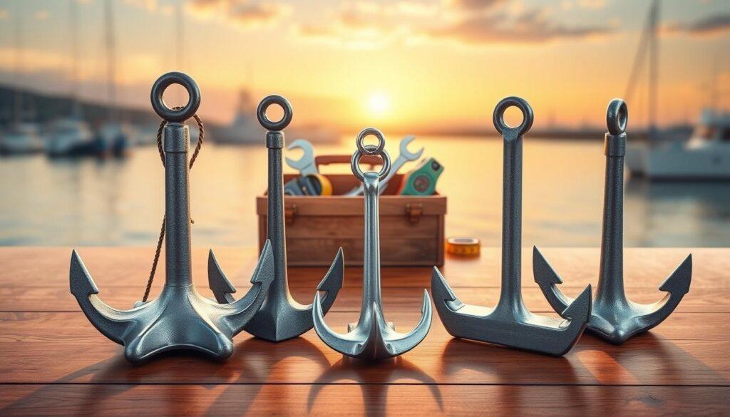 A detailed illustration of various anchor types arranged on a polished wooden surface, in the foreground. Include a traditional heavy-duty ship anchor, a sleek and modern grapnel anchor, and a lightweight fluke anchor, showcasing their distinct shapes and sizes. In the middle background, place a nautical-themed toolbox with maintenance tools, such as a wrench and a measuring tape, emphasizing the theme of upkeep. The background should have a subtle blurred view of a nautical landscape, featuring a calm harbor at sunset, with warm golden light illuminating the scene, creating a serene and professional atmosphere. Use a close-up angle to highlight textures and materials, with soft focus on the background to enhance depth. The overall mood should convey reliability and expertise in anchoring systems.