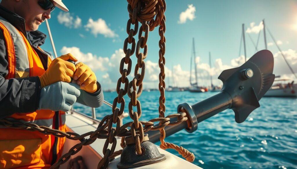 A detailed marine scene showcasing a skilled technician performing an inspection on an anchor system aboard a boat. In the foreground, the technician, dressed in a safety vest and work gloves, carefully examines the anchor chain with a flashlight, revealing rust and wear. In the middle ground, an anchor is positioned against the boat's hull, partially submerged in crystal-clear water, highlighting its robust construction. The background features a serene harbor setting with sailboats gently swaying, under a bright blue sky dotted with fluffy clouds. The lighting is bright and natural, creating a warm, inviting atmosphere, while a slight lens flare adds a touch of realism. Capture the focus and dedication of maintenance routines to emphasize reliability and safety in anchor systems.