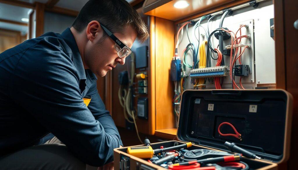 A focused scene of an electrician troubleshooting a short circuit on a boat's electrical panel. In the foreground, a professional in a navy blue shirt and safety goggles is crouched by an illuminated panel filled with colorful wires and circuit breakers. The middle ground highlights the intricate wiring, with an open toolbox displaying essential tools such as a multimeter and wire strippers. The background features the boat's interior, showcasing a mix of polished wood and metal surfaces, creating a nautical ambiance. Soft, warm lighting enhances the technical environment while emphasizing the details on the panel. The mood is focused and professional, conveying the seriousness of addressing electrical issues on a vessel.