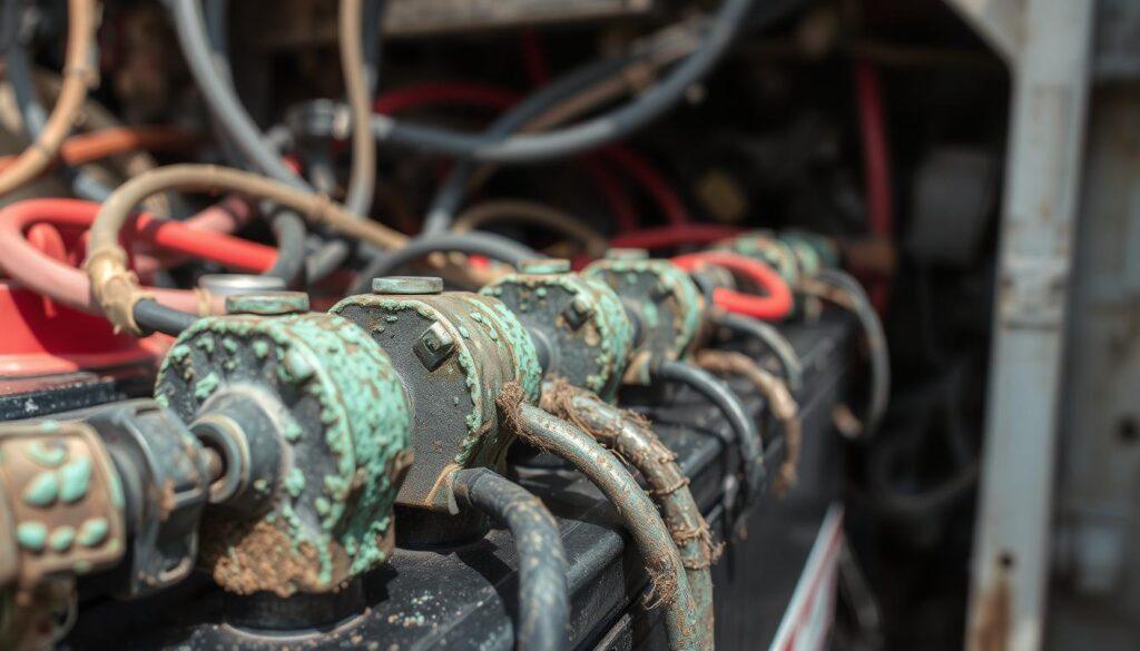 Corroded connections on a boat battery, vividly detailed with greenish-blue corrosion on metal connectors and wires, surrounded by loose, frayed wiring. In the foreground, focus closely on the battery terminals where corrosion has visibly built up, showcasing texture and detail. The middle ground should include an assortment of wires, some loosely hanging or disconnected, contributing to a sense of neglect. The background features a blurred, dimly lit engine compartment, emphasizing the hazardous environment. Utilize natural lighting that casts soft shadows, providing depth to the corroded surfaces, and create a close-up shot at a 45-degree angle for a realistic perspective. The atmosphere conveys a sense of urgency and caution, underscoring the importance of maintenance in marine electrical systems. Corroded connections on a boat battery, vividly detailed with greenish-blue corrosion on metal connectors and wires, surrounded by loose, frayed wiring. In the foreground, focus closely on the battery terminals where corrosion has visibly built up, showcasing texture and detail. The middle ground should include an assortment of wires, some loosely hanging or disconnected, contributing to a sense of neglect. The background features a blurred, dimly lit engine compartment, emphasizing the hazardous environment. Utilize natural lighting that casts soft shadows, providing depth to the corroded surfaces, and create a close-up shot at a 45-degree angle for a realistic perspective. The atmosphere conveys a sense of urgency and caution, underscoring the importance of maintenance in marine electrical systems.