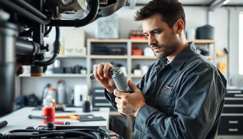 A close-up view of a mechanic standing beside a fuel system, meticulously replacing a fuel filter. In the foreground, the mechanic, dressed in professional work attire, is holding a wrench and examining the new filter. The middle ground features a clean, well-organized workbench with various tools and a spare filter. The background shows a well-lit garage with shelves filled with fuel system components, emphasizing a safe and methodical work environment. Soft, natural lighting highlights the technician's focused expression, conveying a mood of diligence and professionalism. The angle of the shot emphasizes the mechanic's hands at work, capturing the intricate details of the filter replacement process.