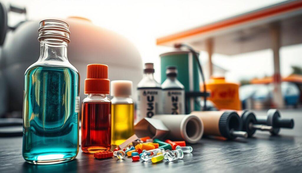 A visually engaging and informative image depicting fuel quality and additives. In the foreground, showcase a clear glass vial filled with vibrant, clean fuel next to a handful of colorful fuel additives, highlighting their textures and colors. The middle layer should feature a neatly arranged selection of fuel-related tools, such as a fuel filter and testing equipment, emphasizing technical aspects of fuel management. In the background, softly blurred images of fuel tanks and a gas station create context. Warm, natural lighting adds a sense of clarity and trustworthiness to the scene, while maintaining a professional atmosphere. The camera angle should provide a slight overhead perspective, making the elements approachable and informative, inviting viewers to learn more about clean fuel selection.