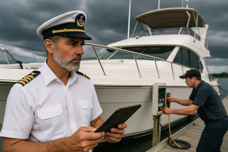 boat hull and bilge area being inspected beside calm water
