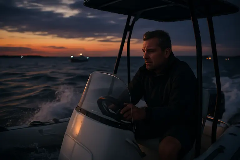 Boat lights on dark harbor water with distant vessel movement