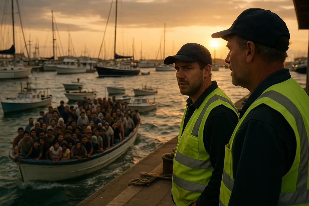 Boat overcrowding laws shown by passengers boarding a small powerboat at a marina