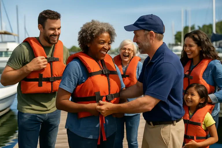 Boating instructor speaking with families near tied boats