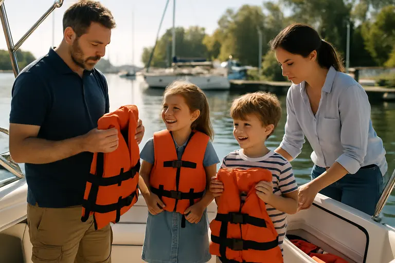 Boating passengers seated while safety gear is checked at the dock