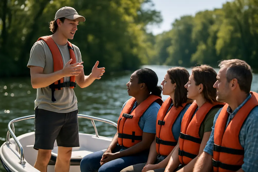 Boating safety education class materials beside life jackets on a dock
