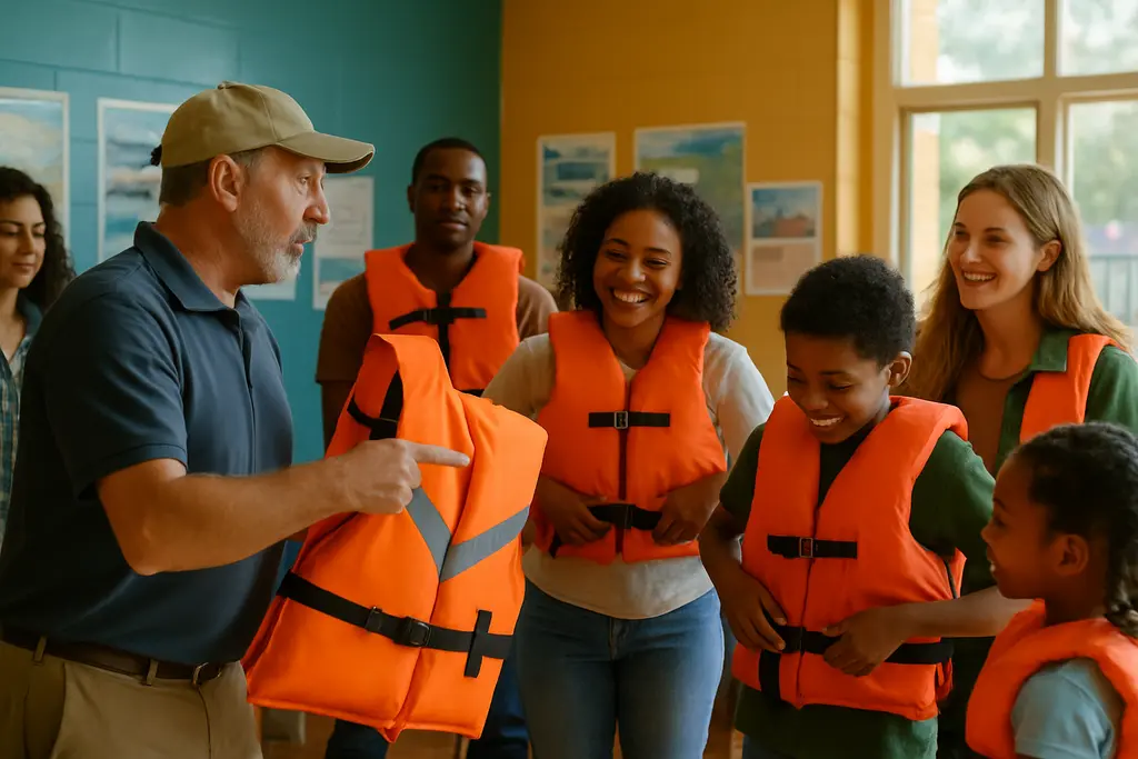 Boating safety programs briefing with life jackets laid out on a marina dock