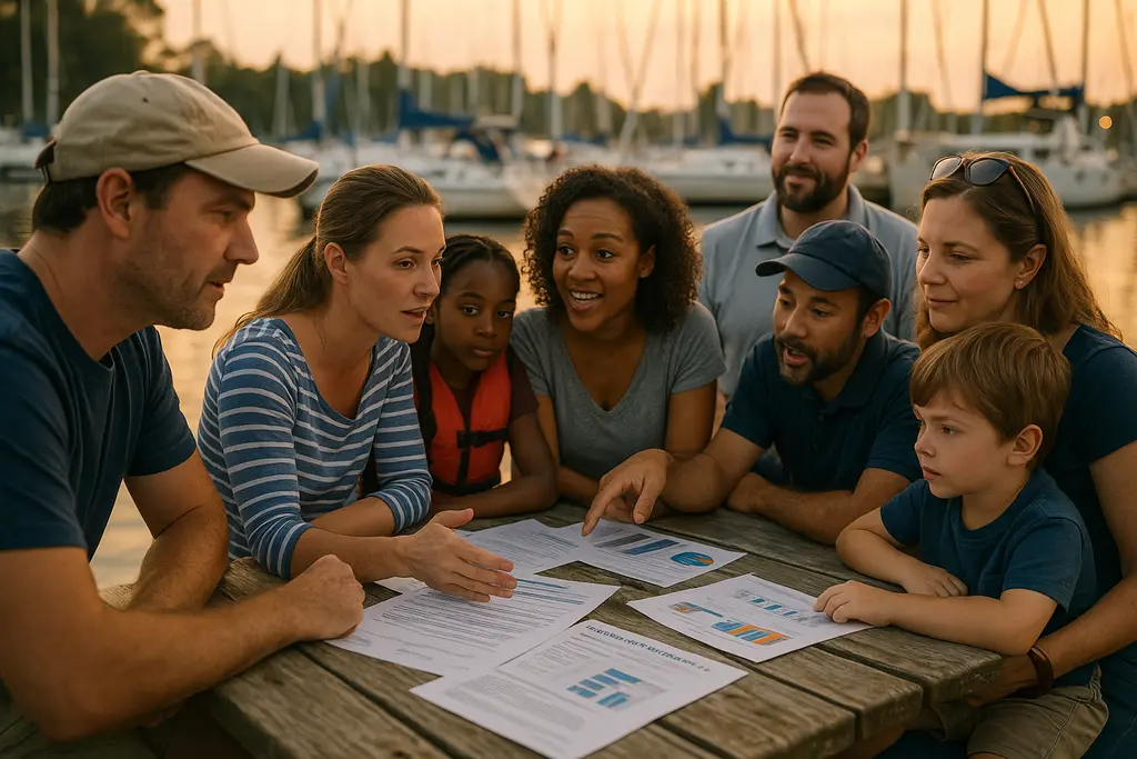Boating Safety Survey notes beside life jackets on a marina dock