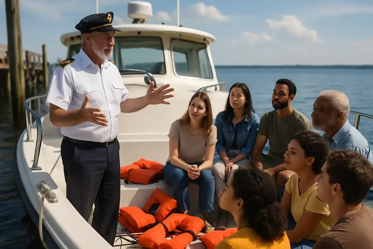 Captain speaking to seated passengers before leaving a marina slip