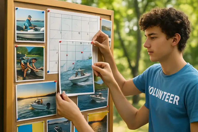Club volunteers reviewing a printed schedule beside boating gear