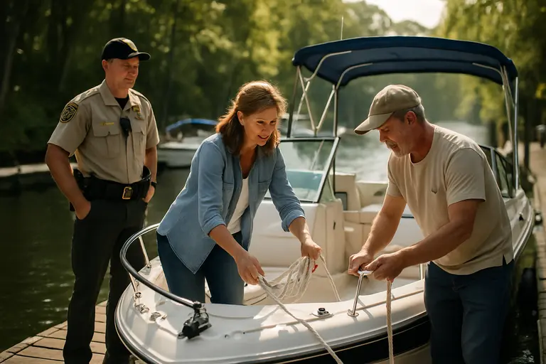 Crew reviewing life jackets and lines on a small cruiser