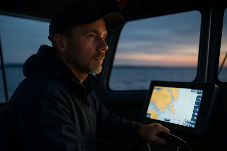 dimmed marine display at the helm during a calm nighttime passage