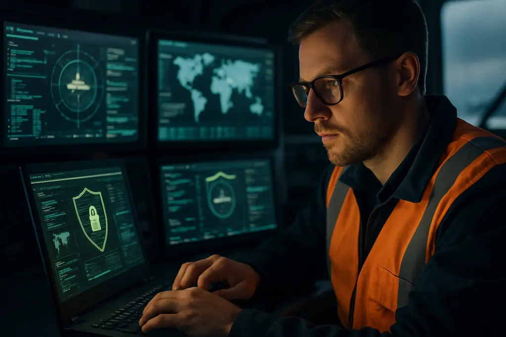 Inactive vessel cybersecurity check at a quiet marina workstation