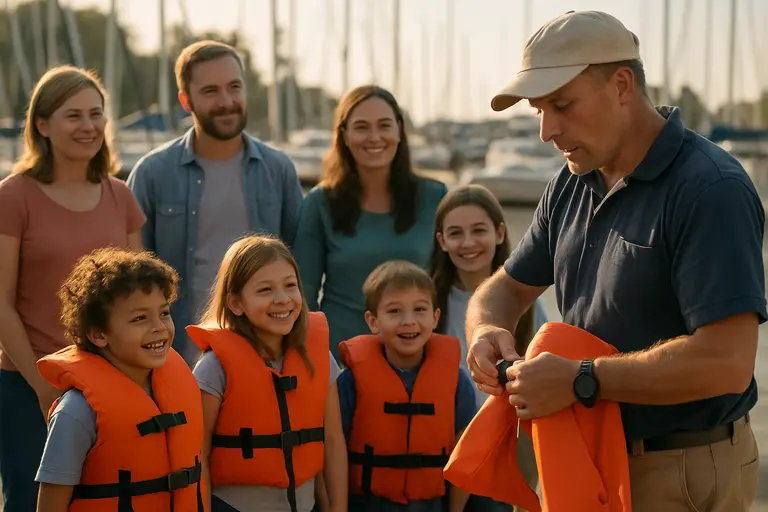Instructor showing boaters safety gear during a marina lesson