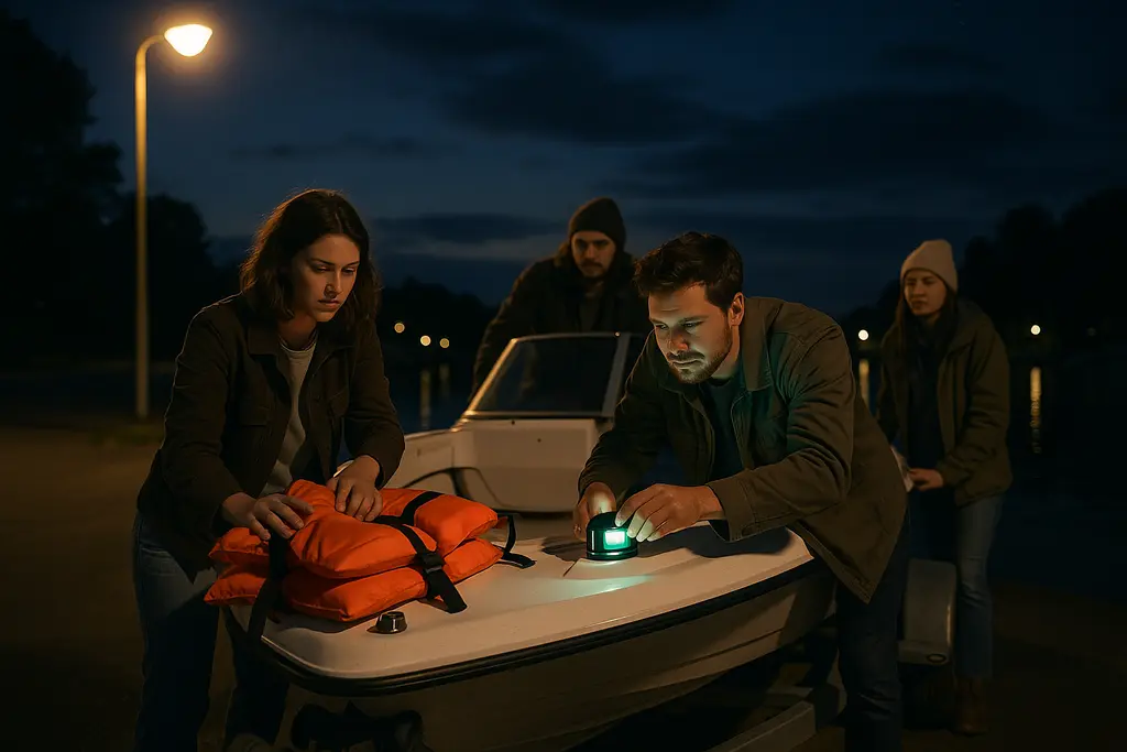 Nighttime Boating Safety with a small boat leaving a lit marina at dusk