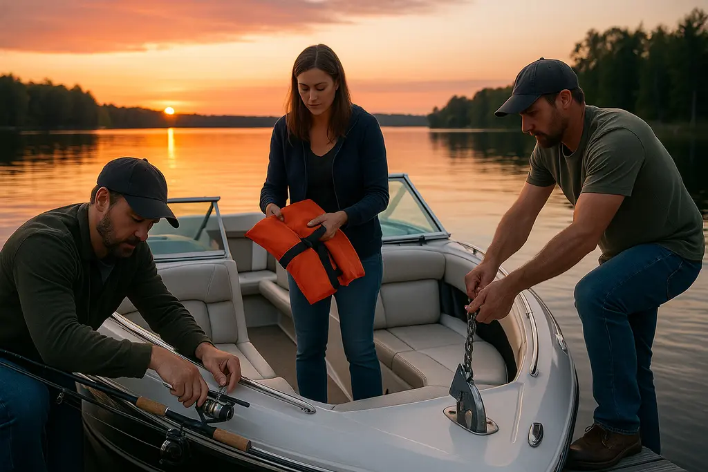 nighttime boating safety with a small vessel using proper lights after sunset