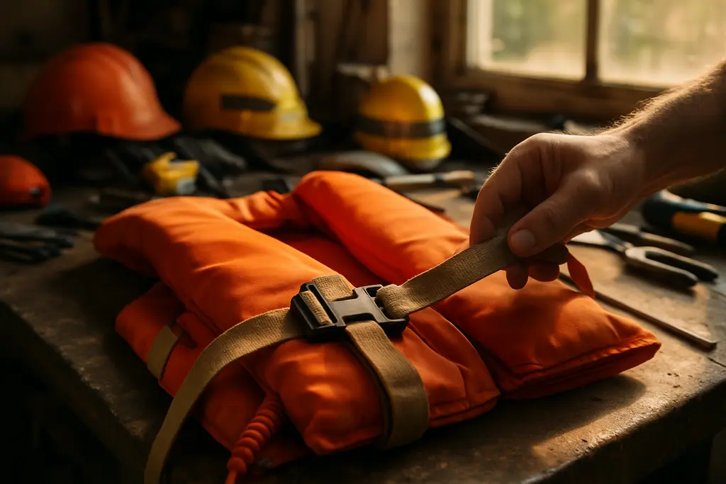 Safety equipment maintenance log beside life jackets and a fire extinguisher on a boat