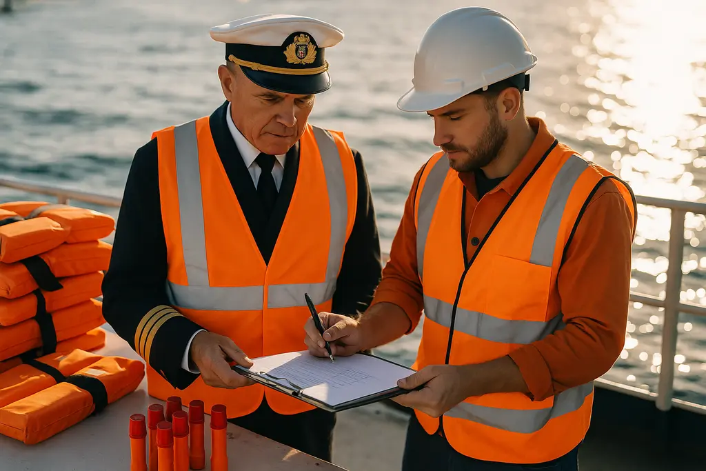 Safety equipment laid out on a clean boat deck before departure