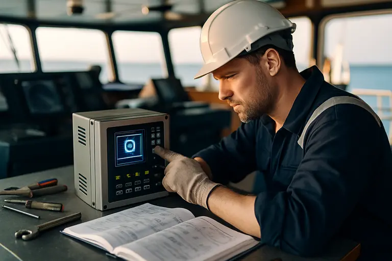 Technician checking cables and labeled equipment in a vessel service space