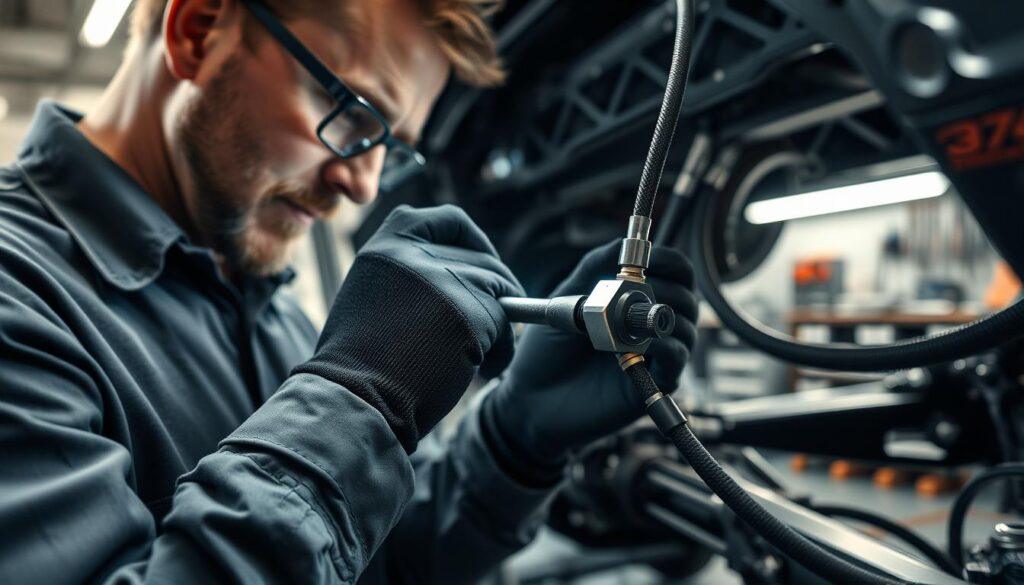 A close-up inspection of steering cables on a modern automobile, focusing on the intricate details of the cables' surfaces, connections, and mounting points. In the foreground, an experienced mechanic wearing a professional work shirt and gloves examines a cable with a flashlight, revealing the texture and any signs of wear. The middle ground features a well-lit garage workspace with tools and parts neatly arranged. The background showcases the chassis of the car, partially visible with an emphasis on the steering system components. Soft, diffused lighting creates a professional atmosphere, highlighting the importance of maintenance in ensuring safety. Use a shallow depth of field for a focused view on the cables, giving it a technical and informative mood.
