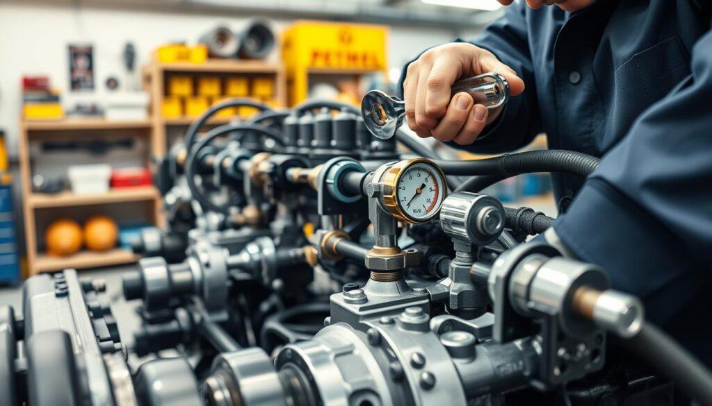 A close-up view of a hydraulic steering system, showcasing intricate components like hydraulic hoses, pistons, and control valves. In the foreground, highlight a technician wearing a professional business uniform, carefully inspecting the hydraulic connections with a wrench in hand, emphasizing precision and expertise. The middle ground features a detailed hydraulic steering assembly, with oil fluid visibly circulating through transparent tubes, and gauges displaying pressure levels. The background should include a well-lit garage environment with tools and spare parts organized neatly on shelves, creating a professional ambiance. Soft focused lighting enhances the metallic textures and reflects an atmosphere of maintenance and precision. The camera angle is slightly elevated, providing a comprehensive view of the hydraulic system in action.