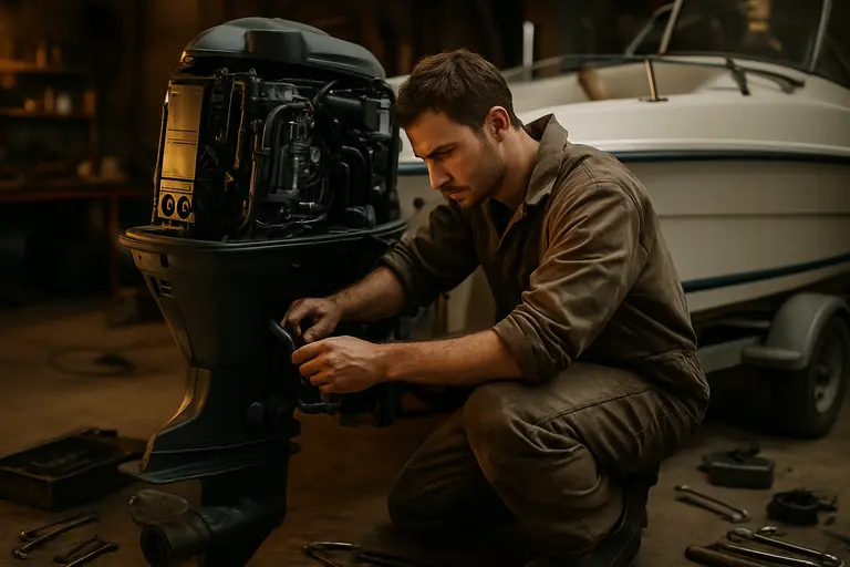 Boat owner inspecting an engine compartment before departure
