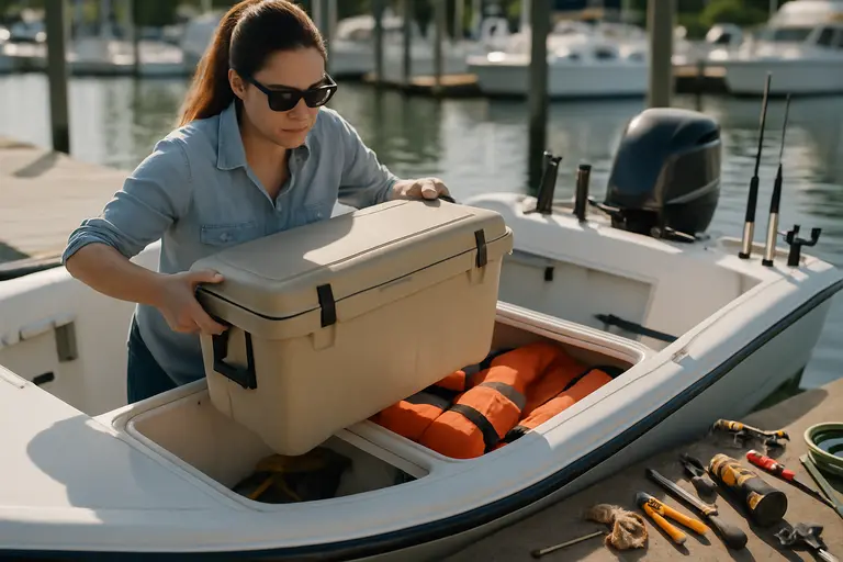 boater checking a capacity plate and stowing bags low in a small vessel